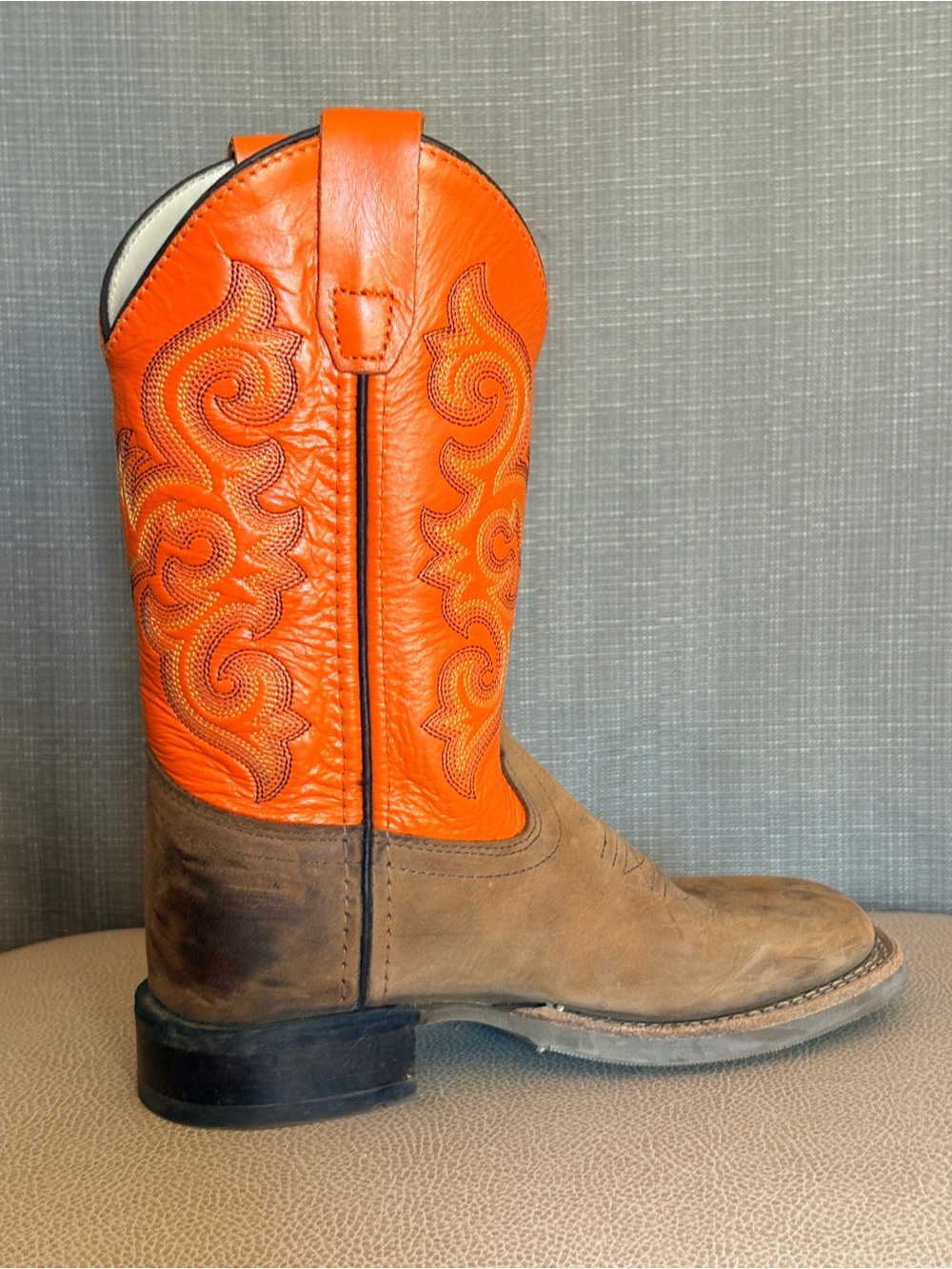 Old West Kids Orange and Brown Six-Row Stitch Western Boots - Picture 8 of 12